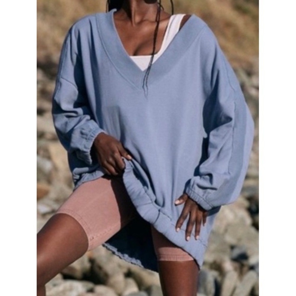 FP Movement by Free People Oversized V‑Neck Sweatshirt in Dusty Blue